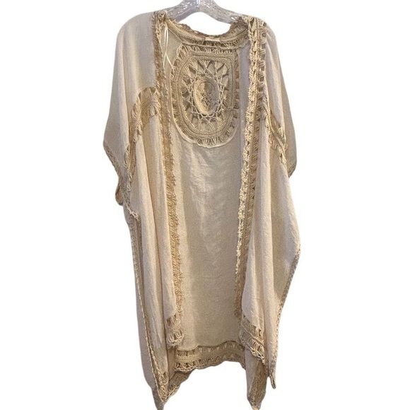 Altar’d State Cream Crochet Trim Midi Boho Festival Kimono Kaftan XS Coverup - Picture 2 of 16